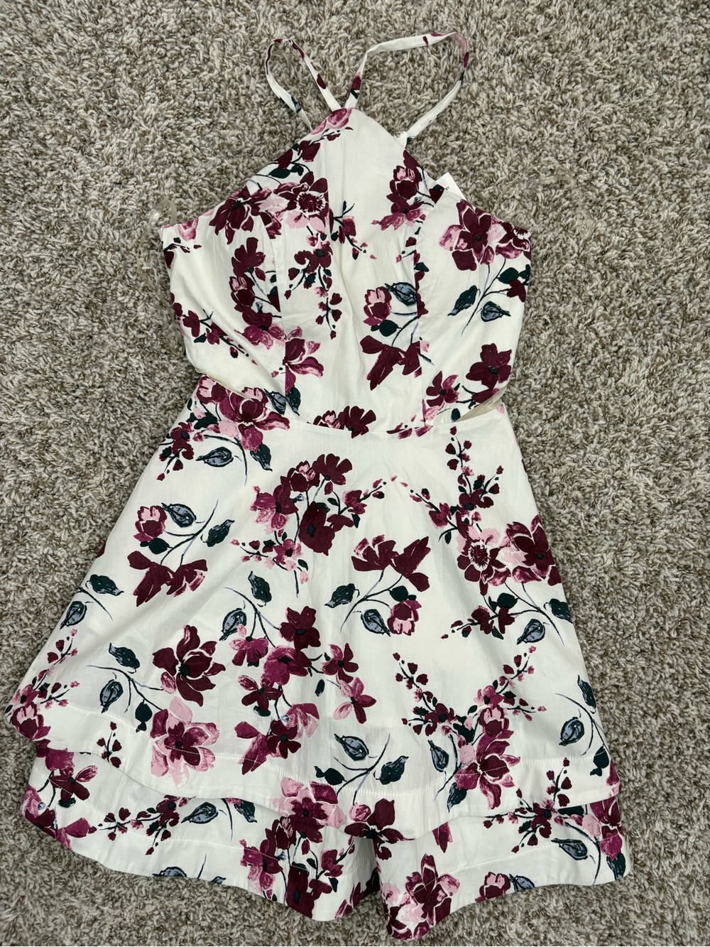 Xtraordinary Cream Floral Backless Romper with Burgundy & Teal Flowers